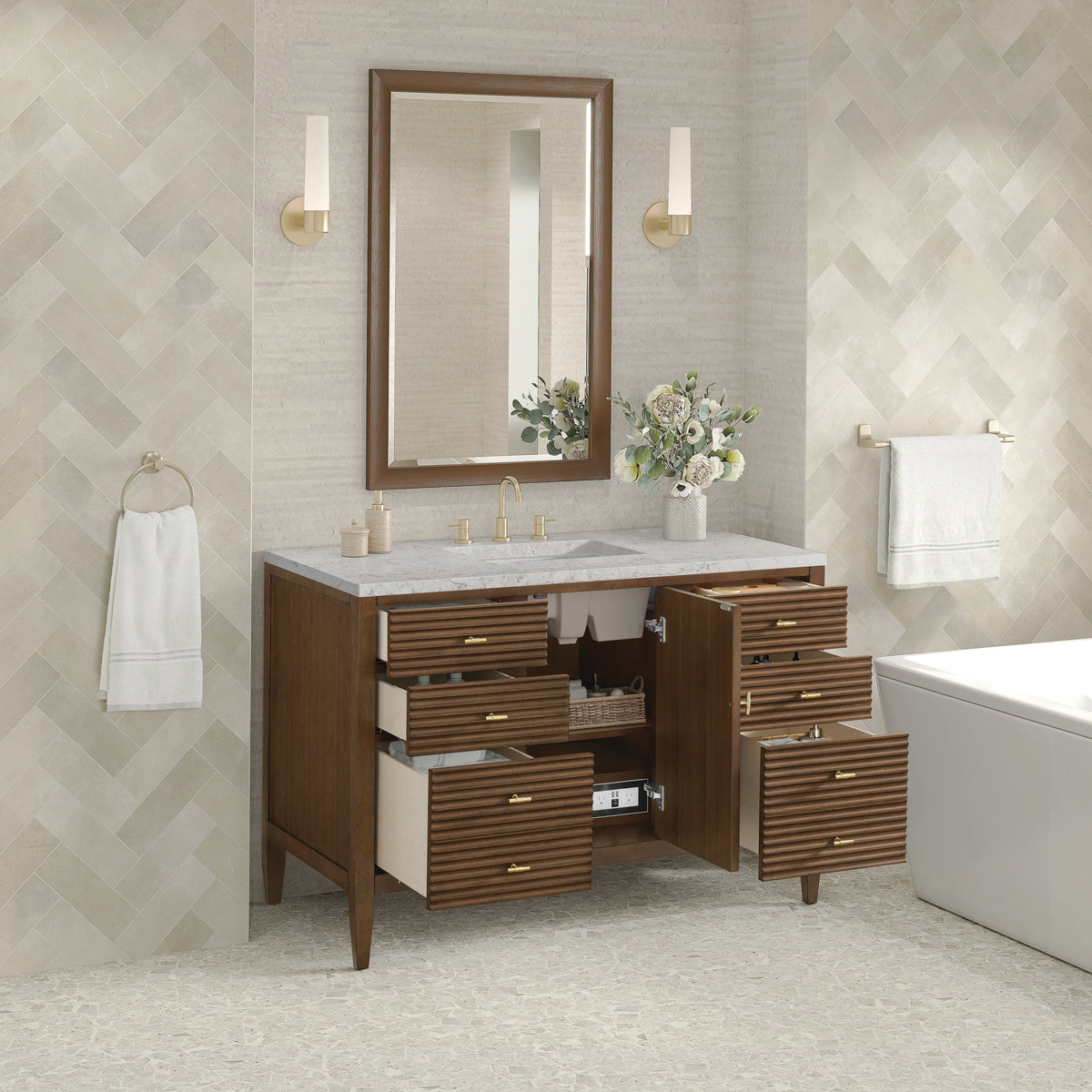 Myrrin 48" Single Vanity, Mid Century Walnut w/ 3 CM Eternal Jasmine Pearl Silestone Top, view 5
