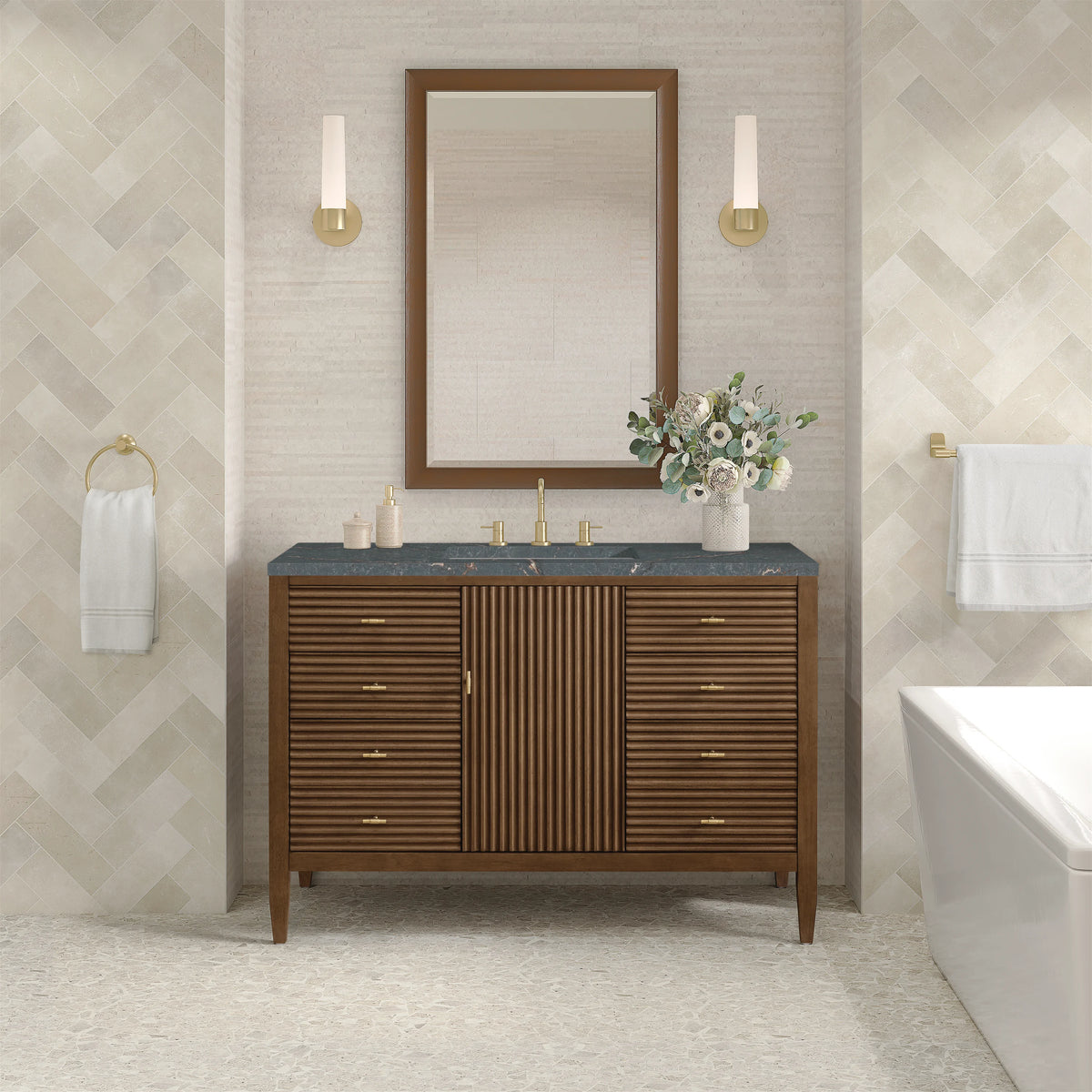Myrrin 48" Single Vanity, Mid Century Walnut w/ 3 CM Parisien Bleu Silestone Top, view 3