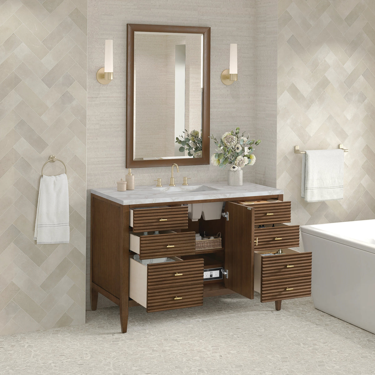 Myrrin 48" Single Vanity, Mid Century Walnut w/ 3 CM Victorian Silver Silestone Top, view 5