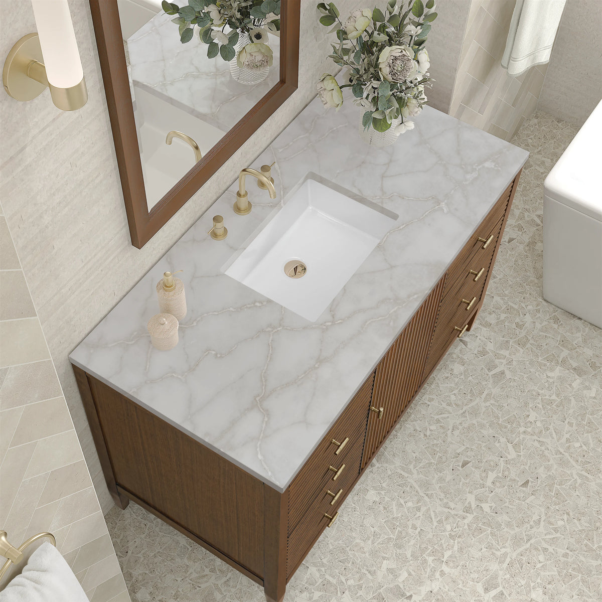 Myrrin 48" Single Vanity, Mid Century Walnut w/ 3 CM Victorian Silver Silestone Top, view 7