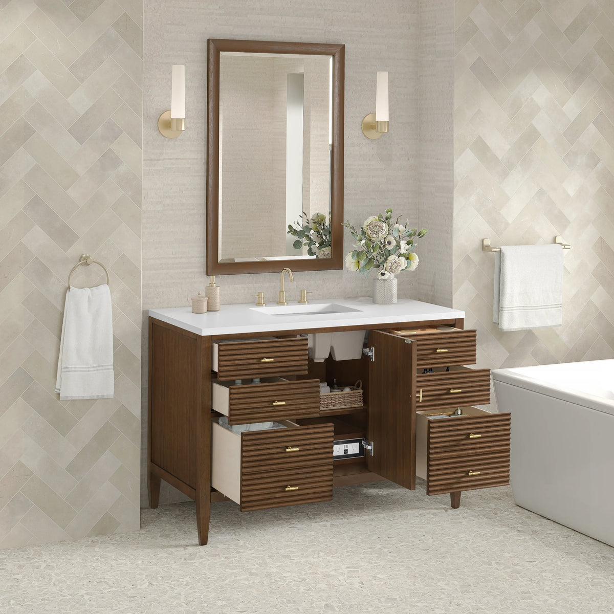 Myrrin 48" Single Vanity, Mid Century Walnut w/ 3 CM White Zeus Silestone Top, view 5