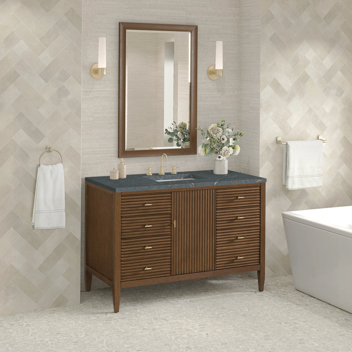 Myrrin 48" Single Vanity, Mid Century Walnut w/ 3 CM Parisien Bleu Silestone Top w/FreePower Wireless Charger, view 7