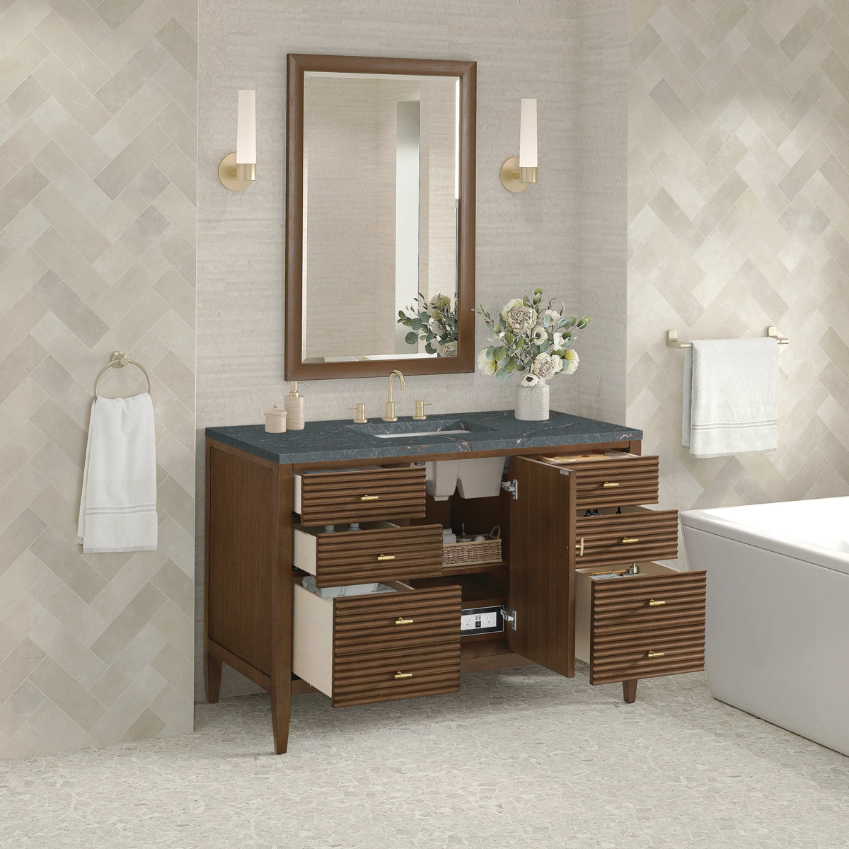 Myrrin 48" Single Vanity, Mid Century Walnut w/ 3 CM Parisien Bleu Silestone Top w/FreePower Wireless Charger, view 8
