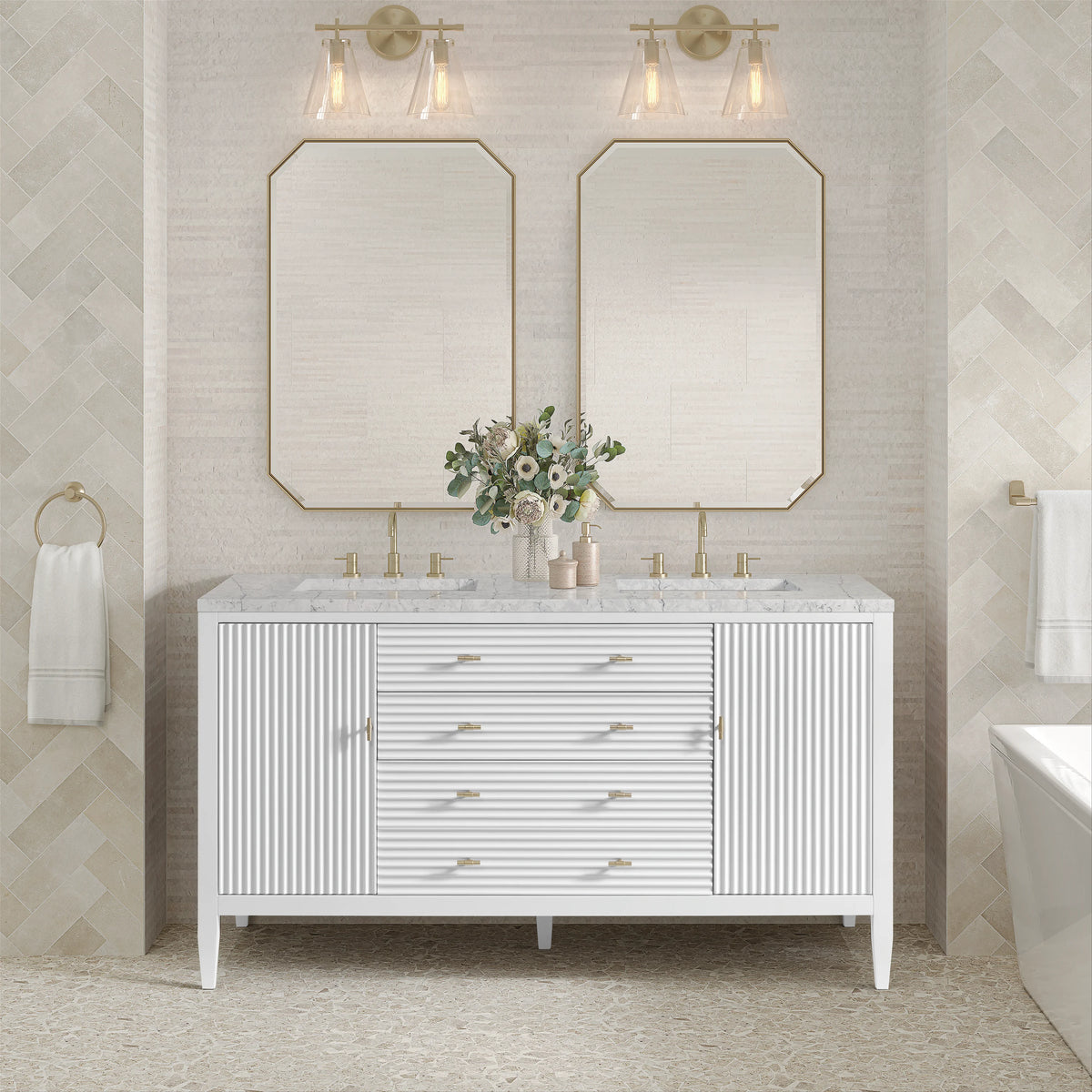 Myrrin 60" Double Vanity, Bright White w/ 3 CM Eternal Jasmine Pearl Silestone Top, view 3