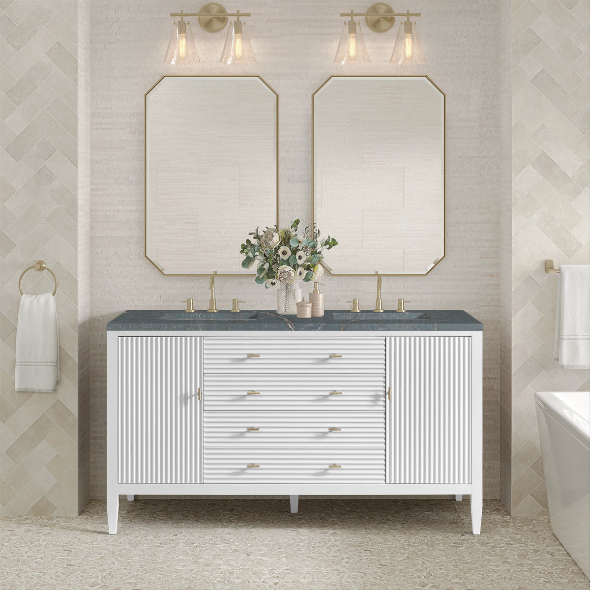 Myrrin 60" Double Vanity, Bright White w/ 3 CM Parisien Bleu Silestone Top, view 3