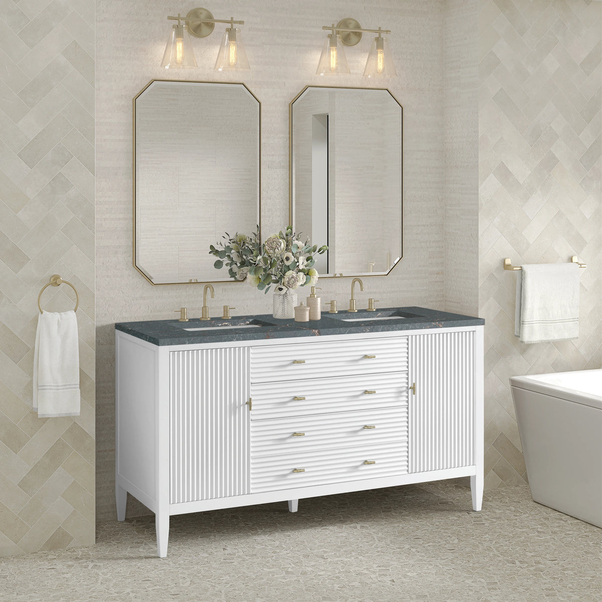 Myrrin 60" Double Vanity, Bright White w/ 3 CM Parisien Bleu Silestone Top, view 4