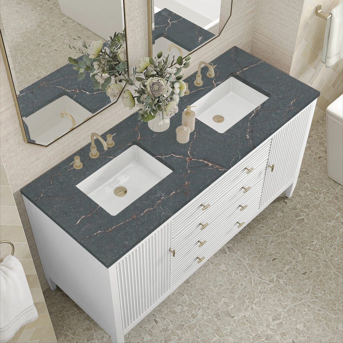 Myrrin 60" Double Vanity, Bright White w/ 3 CM Parisien Bleu Silestone Top, view 7