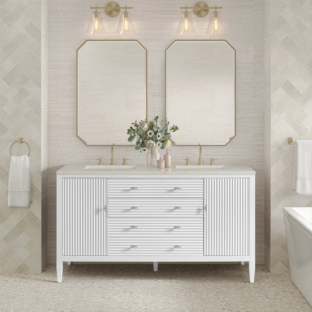 Myrrin 60" Double Vanity, Bright White, w/ 3 CM Siberian Silestone Top, view 3