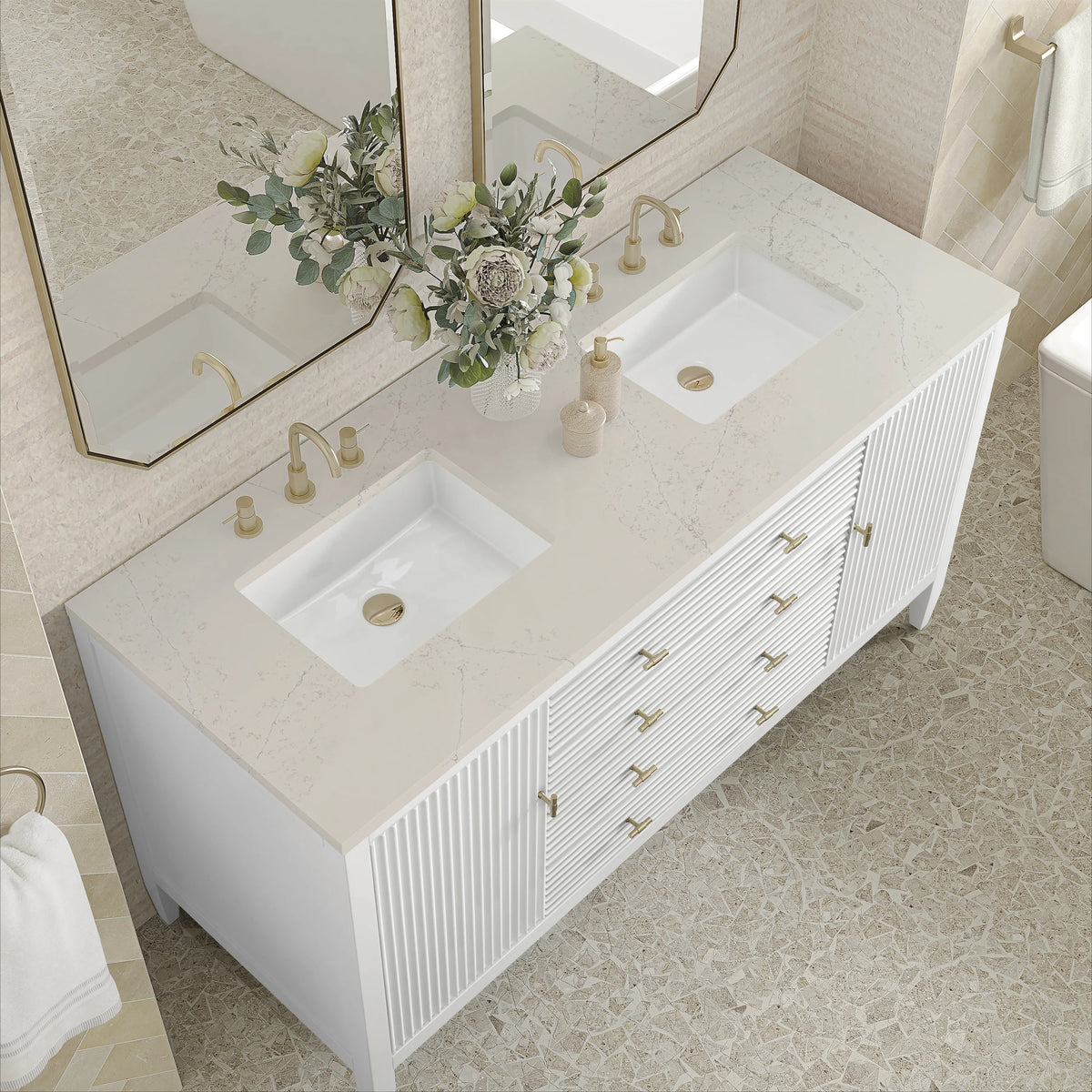 Myrrin 60" Double Vanity, Bright White, w/ 3 CM Siberian Silestone Top, view 7
