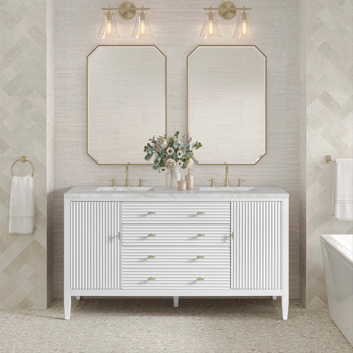 Myrrin 60" Double Vanity, Bright White w/ 3 CM Victorian Silver Silestone Top, view 3