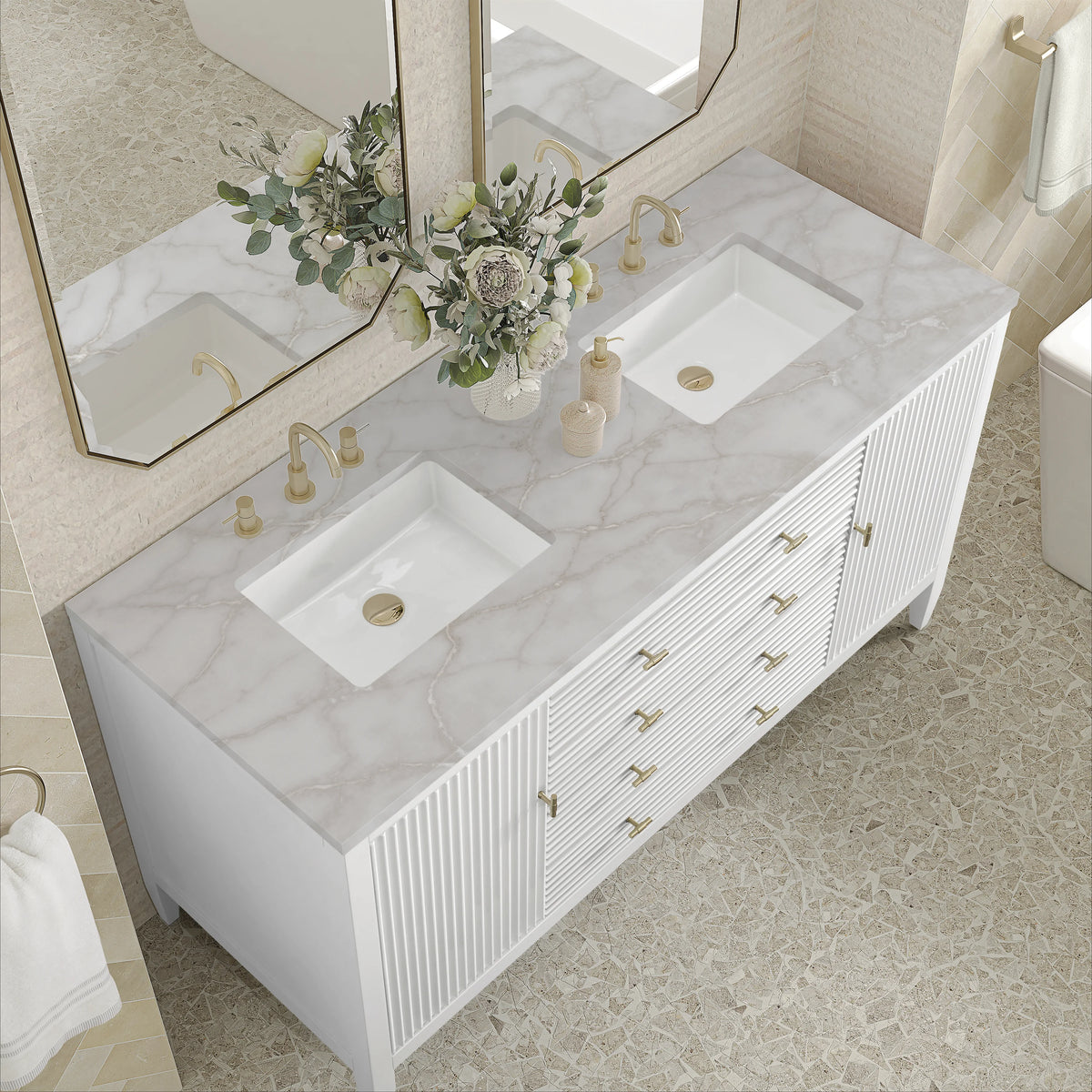 Myrrin 60" Double Vanity, Bright White w/ 3 CM Victorian Silver Silestone Top, view 7