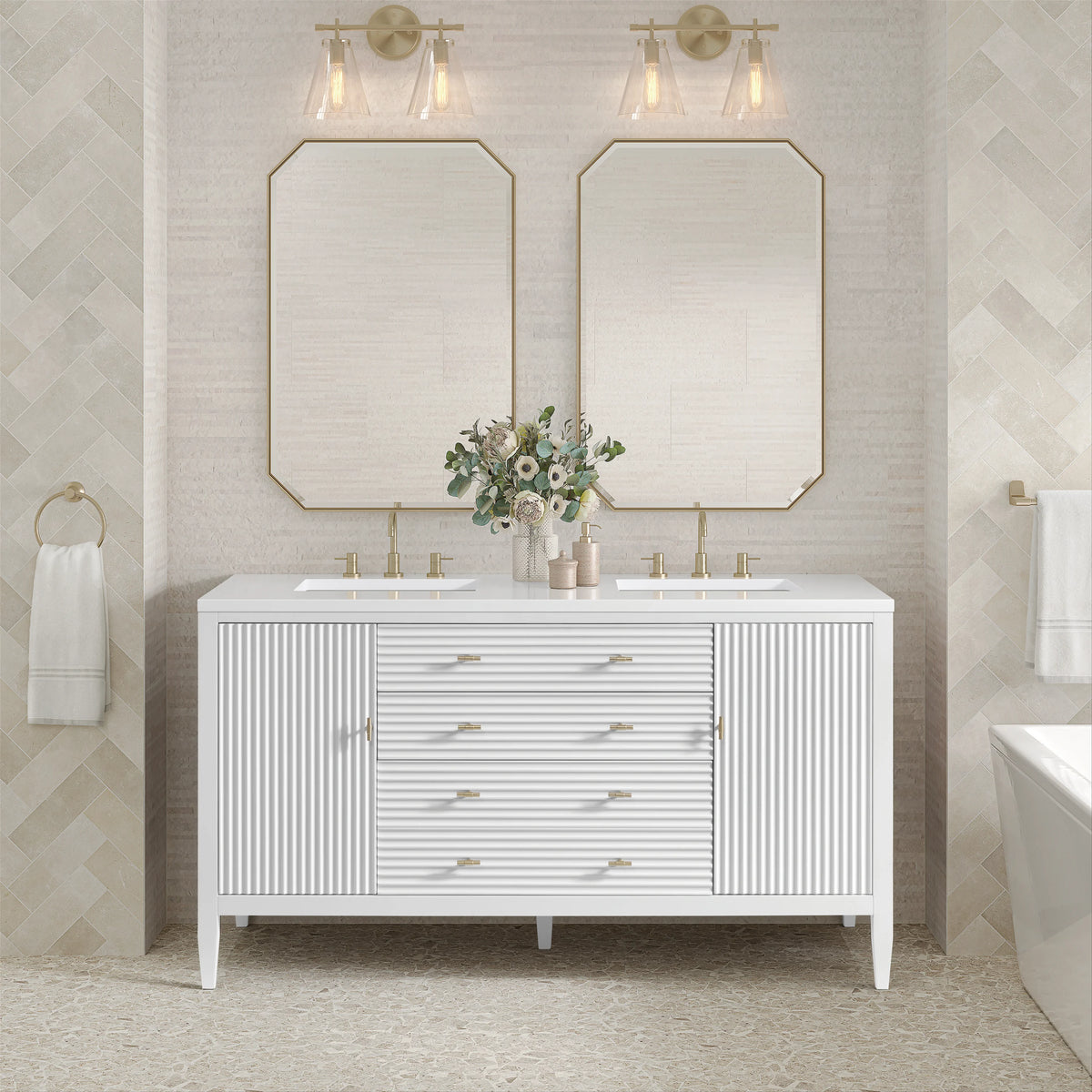 Myrrin 60" Double Vanity, Bright White w/ 3 CM White Zeus Silestone Top, view 3