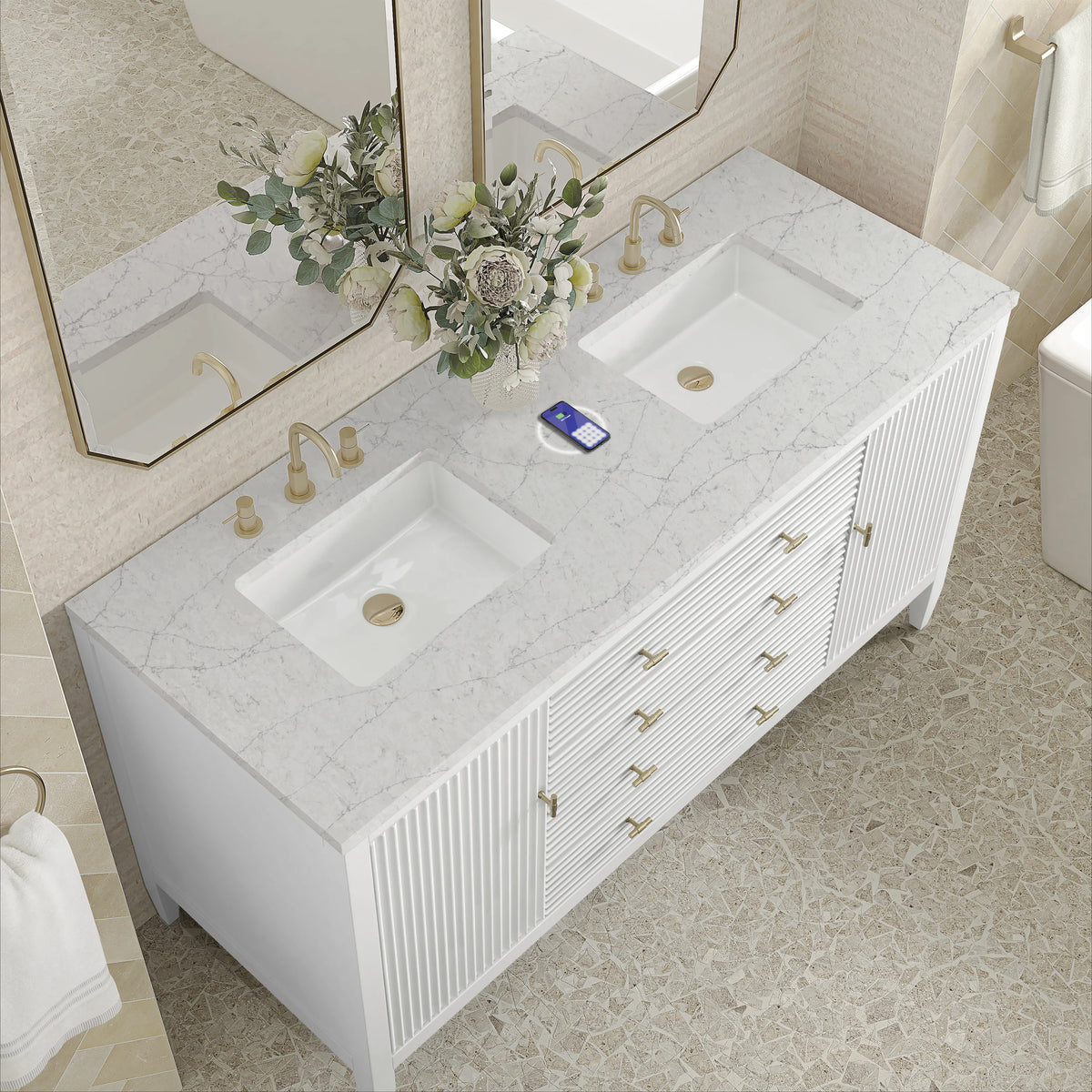 Myrrin 60" Double Vanity, Bright White w/ 3 CM Eternal Jasmine Pearl Silestone Top w/FreePower Wireless Charger, view 9