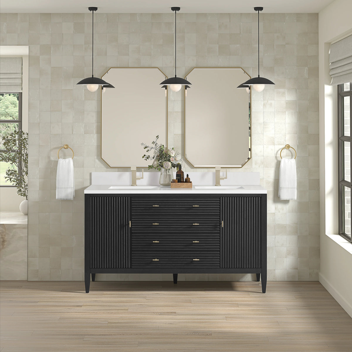 Myrrin 60" Double Vanity, Carbon Oak w/ Single Hole 3 CM White Zeus Silestone Top & Backsplash, view 3