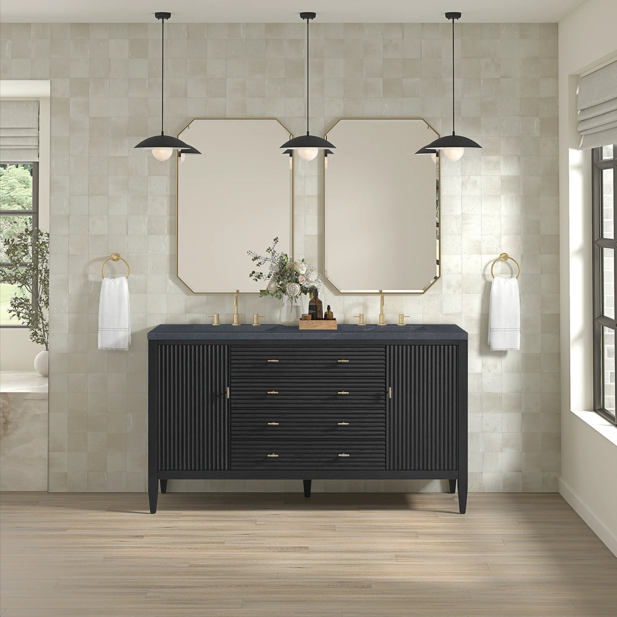 Myrrin 60" Double Vanity, Carbon Oak w/ 3 CM Charcoal Soapstone Silestone Top, view 3