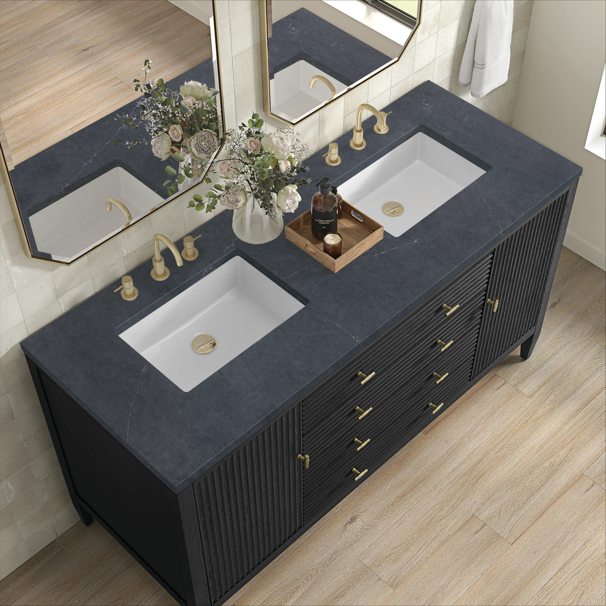 Myrrin 60" Double Vanity, Carbon Oak w/ 3 CM Charcoal Soapstone Silestone Top, view 7