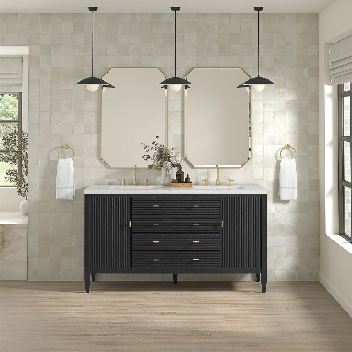 Myrrin 60" Double Vanity, Carbon Oak w/ 3 CM Lime Delight Silestone Top, view 3