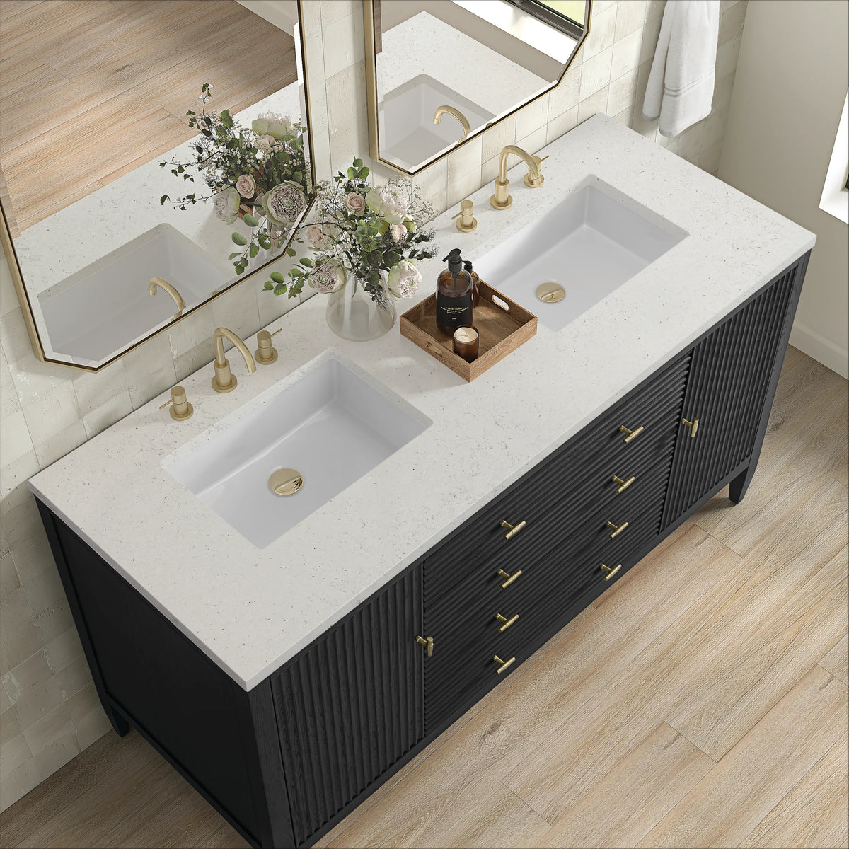 Myrrin 60" Double Vanity, Carbon Oak w/ 3 CM Lime Delight Silestone Top, view 7