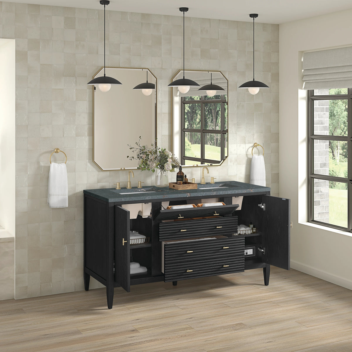 Myrrin 60" Double Vanity, Carbon Oak w/ 3 CM Parisien Bleu Silestone Top, view 5