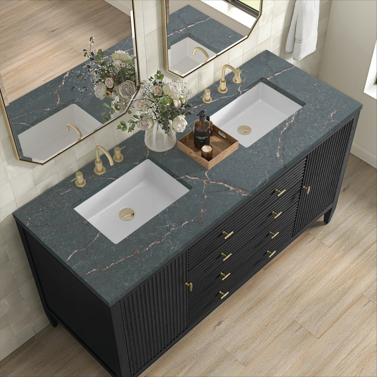 Myrrin 60" Double Vanity, Carbon Oak w/ 3 CM Parisien Bleu Silestone Top, view 7