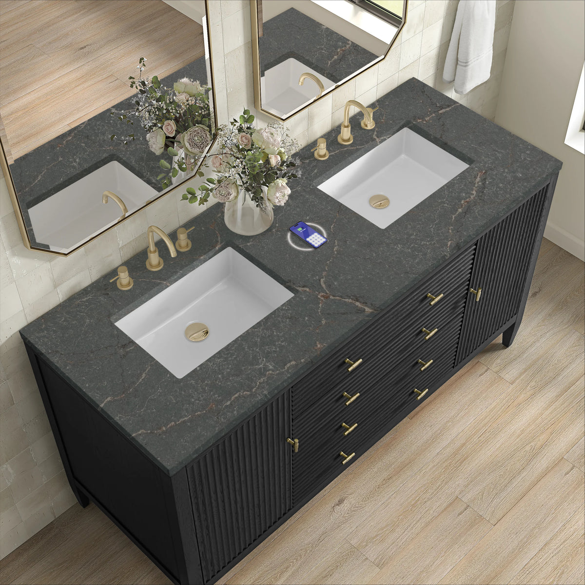 Myrrin 60" Double Vanity, Carbon Oak w/ 3 CM Parisien Bleu Silestone Top w/FreePower Wireless Charger, view 10