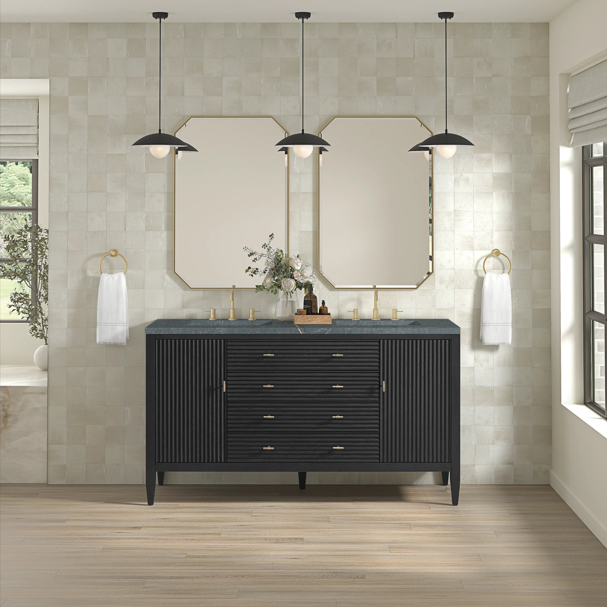 Myrrin 60" Double Vanity, Carbon Oak w/ 3 CM Parisien Bleu Silestone Top w/FreePower Wireless Charger, view 6