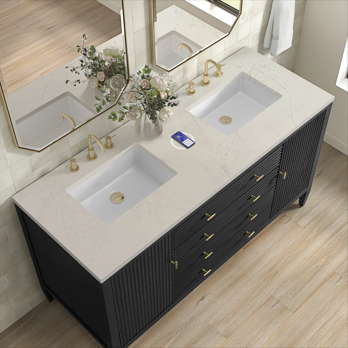 Myrrin 60" Double Vanity, Carbon Oak, w/ 3 CM Siberian Silestone Top w/FreePower Wireless Charger, view 9