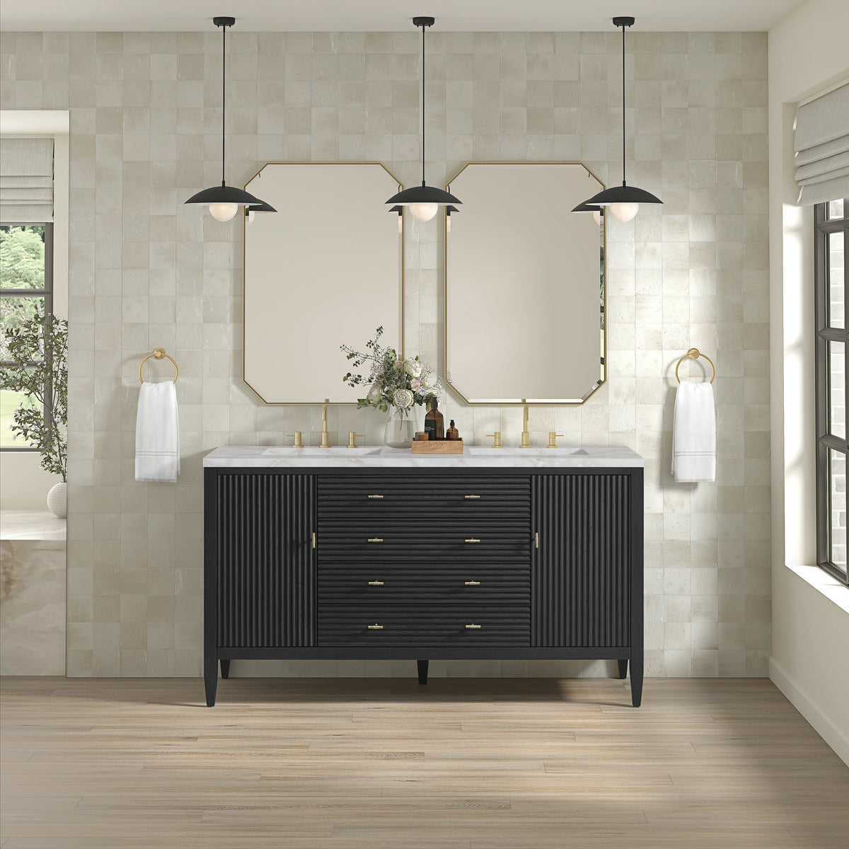Myrrin 60" Double Vanity, Carbon Oak w/ 3 CM Victorian Silver Silestone Top w/FreePower Wireless Charger, view 6