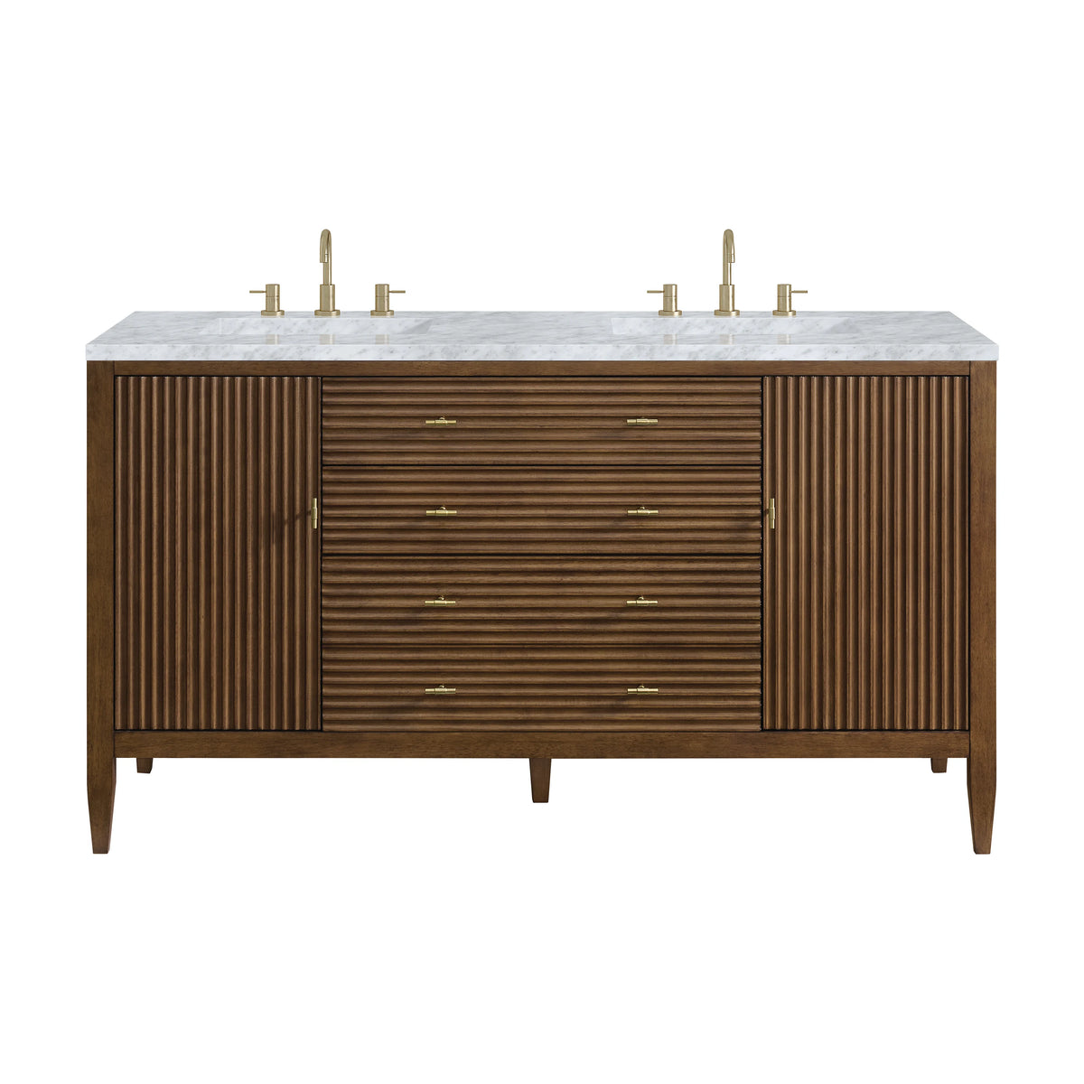 Myrrin 60" Double Vanity, Mid Century Walnut w/ 3 CM Carrara White Marble Top