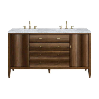 Myrrin 60" Double Vanity, Mid Century Walnut w/ 3 CM Carrara White Marble Top