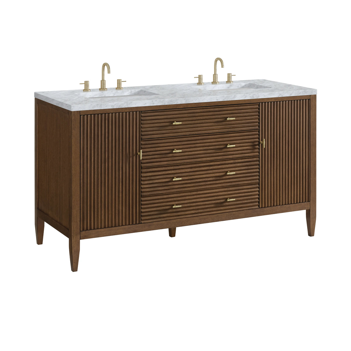 Myrrin 60" Double Vanity, Mid Century Walnut w/ 3 CM Carrara White Marble Top, view 10