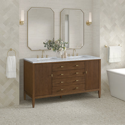Myrrin 60" Double Vanity, Mid Century Walnut w/ 3 CM Carrara White Marble Top, view 4