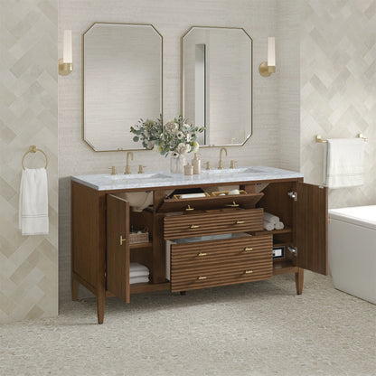 Myrrin 60" Double Vanity, Mid Century Walnut w/ 3 CM Carrara White Marble Top, view 5