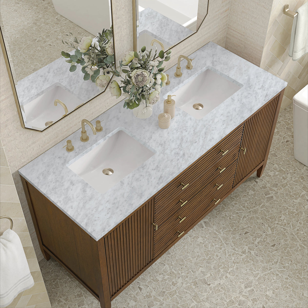 Myrrin 60" Double Vanity, Mid Century Walnut w/ 3 CM Carrara White Marble Top, view 7