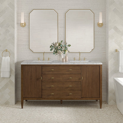 Myrrin 60" Double Vanity, Mid Century Walnut w/ 3 CM Eternal Jasmine Pearl Silestone Top, view 3
