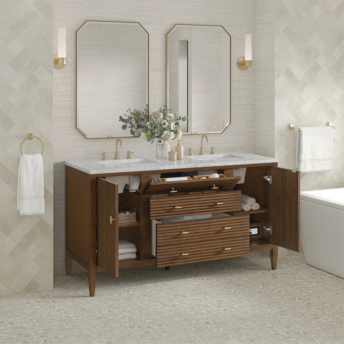 Myrrin 60" Double Vanity, Mid Century Walnut w/ 3 CM Eternal Jasmine Pearl Silestone Top, view 5
