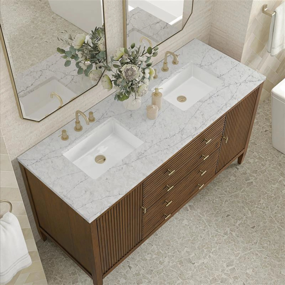 Myrrin 60" Double Vanity, Mid Century Walnut w/ 3 CM Eternal Jasmine Pearl Silestone Top, view 7