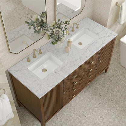 Myrrin 60" Double Vanity, Mid Century Walnut w/ 3 CM Eternal Jasmine Pearl Silestone Top, view 7