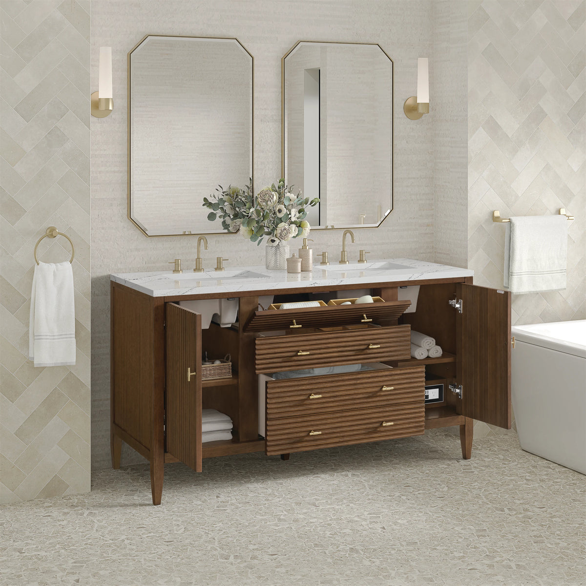 Myrrin 60" Double Vanity, Mid Century Walnut w/ 3 CM Ethereal Noctis Silestone Top, view 5