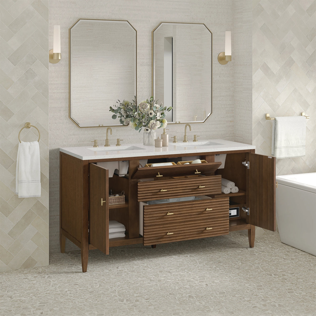 Myrrin 60" Double Vanity, Mid Century Walnut w/ 3 CM Lime Delight Silestone Top, view 5