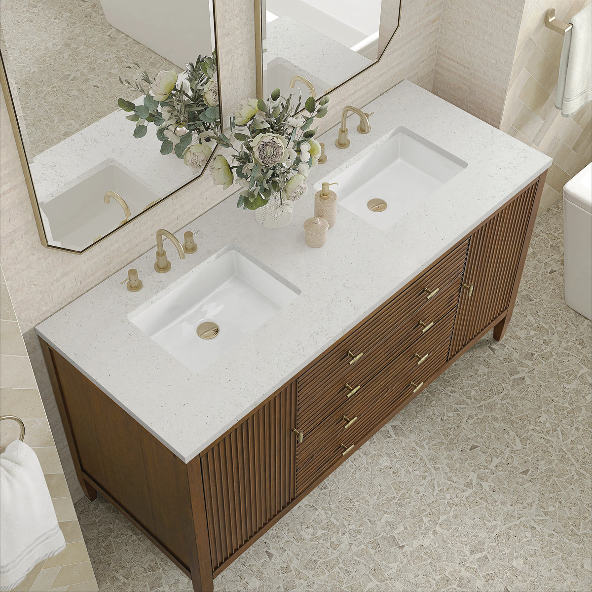 Myrrin 60" Double Vanity, Mid Century Walnut w/ 3 CM Lime Delight Silestone Top, view 7