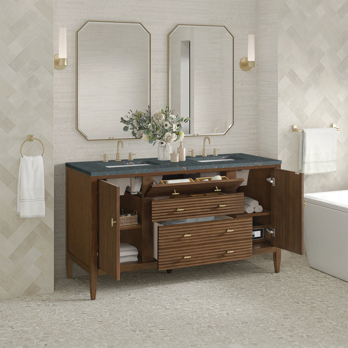 Myrrin 60" Double Vanity, Mid Century Walnut w/ 3 CM Parisien Bleu Silestone Top, view 5