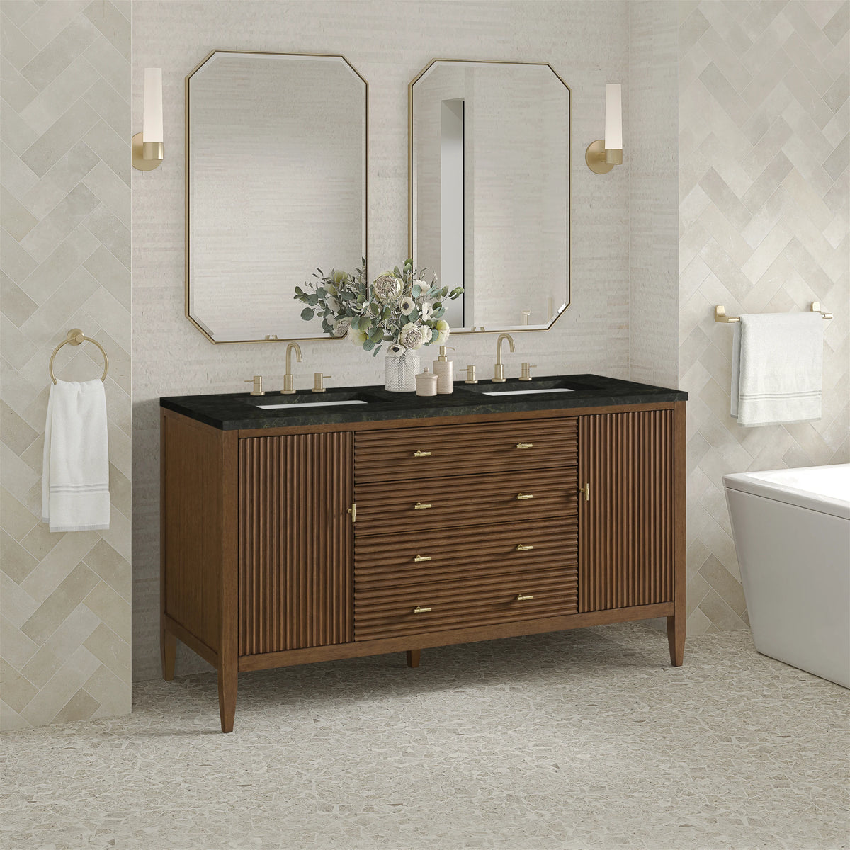 Myrrin 60" Double Vanity, Mid Century Walnut, w/ 3 CM Phantome Eclos Top, view 4