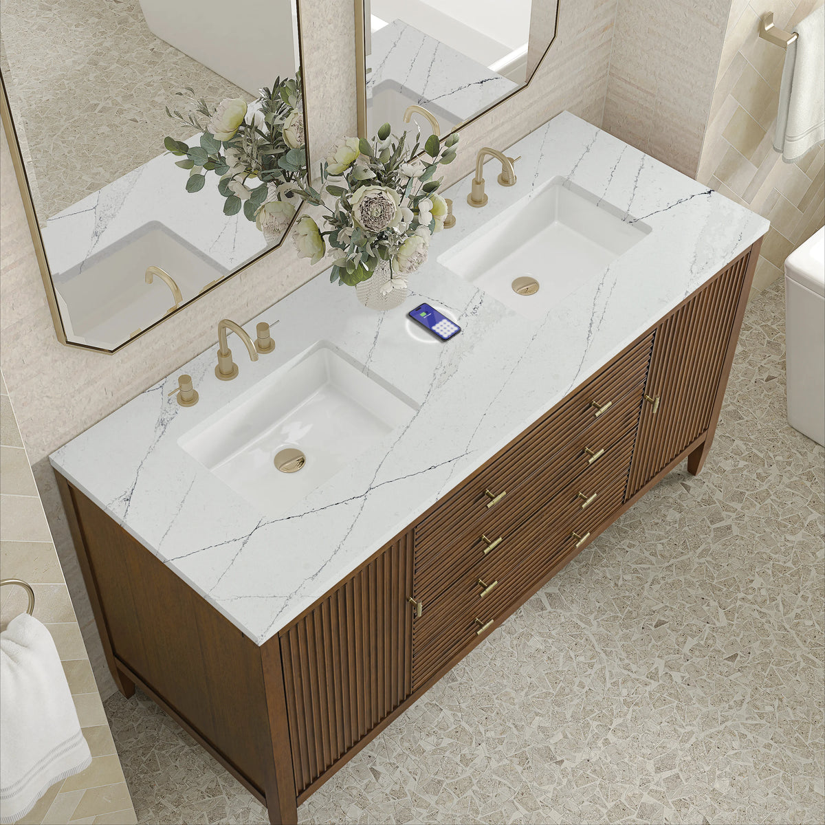 Myrrin 60" Double Vanity, Mid Century Walnut w/ 3 CM Ethereal Noctis Silestone Top w/FreePower Wireless Charger, view 10