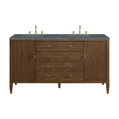 Myrrin 60" Double Vanity, Mid Century Walnut w/ 3 CM Parisien Bleu Silestone Top w/FreePower Wireless Charger