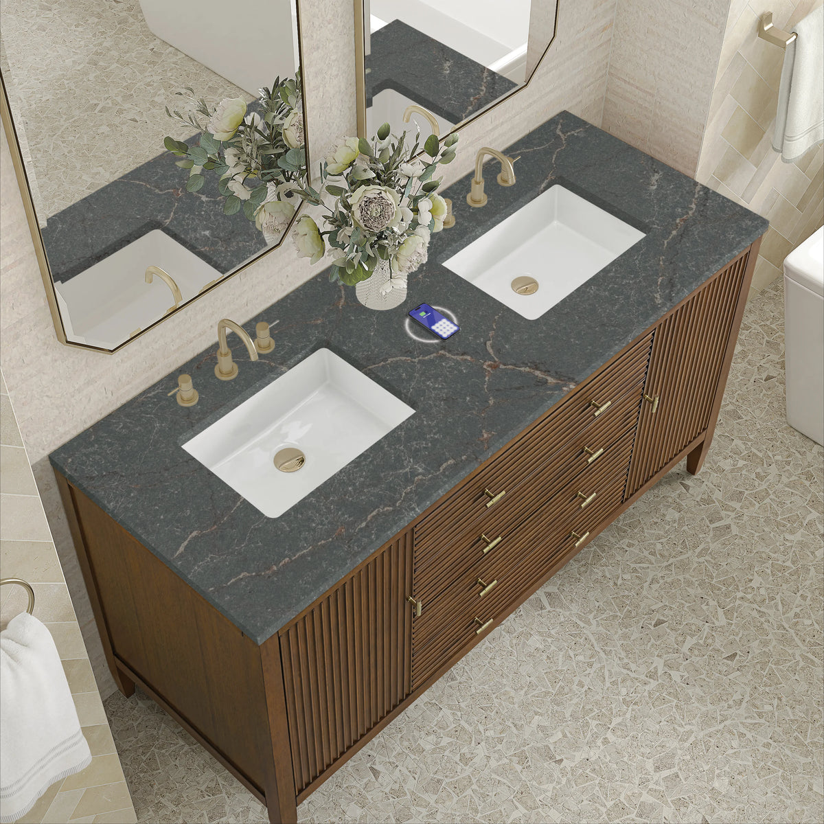 Myrrin 60" Double Vanity, Mid Century Walnut w/ 3 CM Parisien Bleu Silestone Top w/FreePower Wireless Charger, view 10