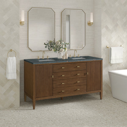Myrrin 60" Double Vanity, Mid Century Walnut w/ 3 CM Parisien Bleu Silestone Top w/FreePower Wireless Charger, view 7