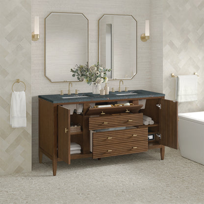 Myrrin 60" Double Vanity, Mid Century Walnut w/ 3 CM Parisien Bleu Silestone Top w/FreePower Wireless Charger, view 8