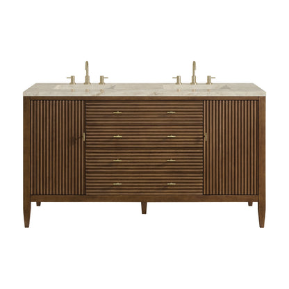 Myrrin 60" Double Vanity, Mid Century Walnut, w/ 3 CM Tajnar Eclos Top w/FreePower Wireless Charger