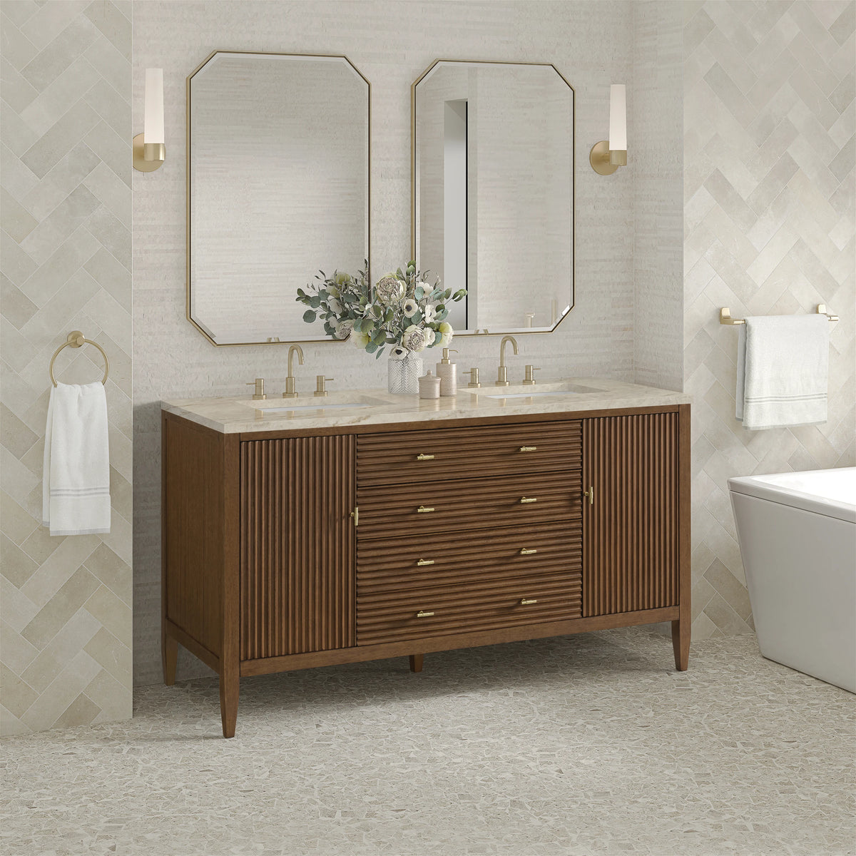 Myrrin 60" Double Vanity, Mid Century Walnut, w/ 3 CM Tajnar Eclos Top w/FreePower Wireless Charger, view 6